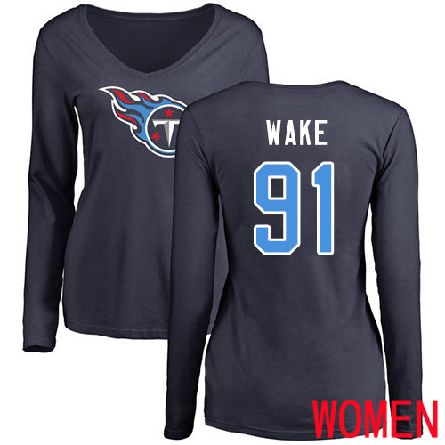 Tennessee Titans Navy Blue Women Cameron Wake Name and Number Logo NFL Football #91 Long Sleeve T Shirt